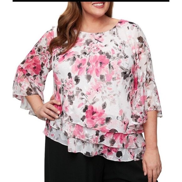 Alex Evenings Size 3X Chiffon Blouse Pink Layers Asymmetrical Floral NEW - Picture 2 of 11